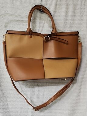Two-Tone Tan & Brown Patchwork Tote with Removable Strap